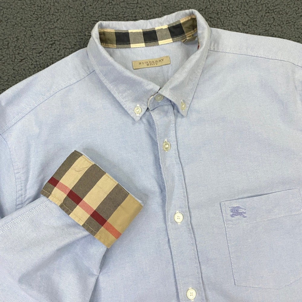 Burberry Brit Shirt Mens Large Blue Oxford Cloth OCBD Nova Check Flip Cuff